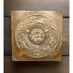 American Walnut Jewelry Box Dante Knights USA 10 in x 10 Gold Velvet Lined 4583
